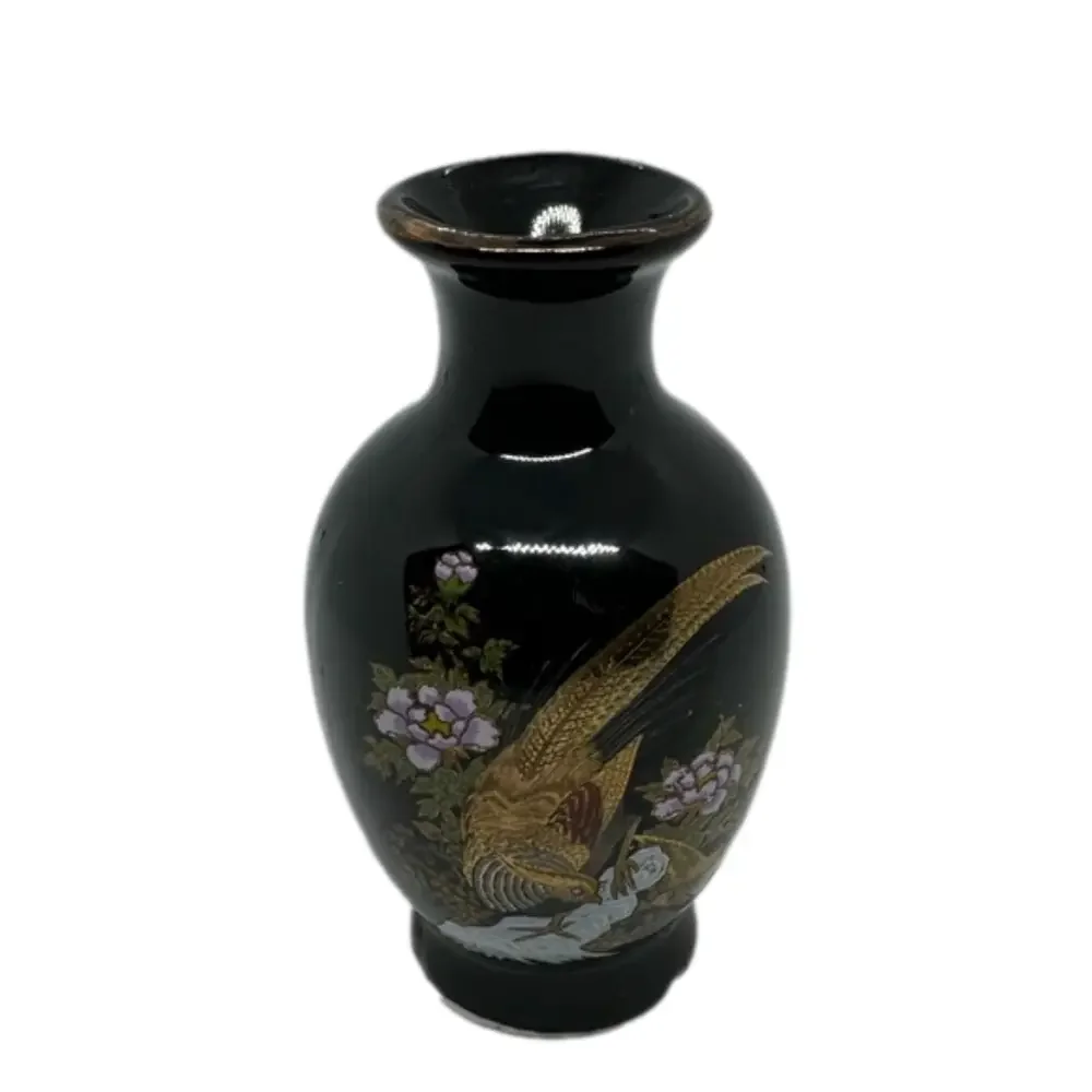 Vintage Japanese Set of 3 Black & Gold Assorted Vases with Golden Pheasant